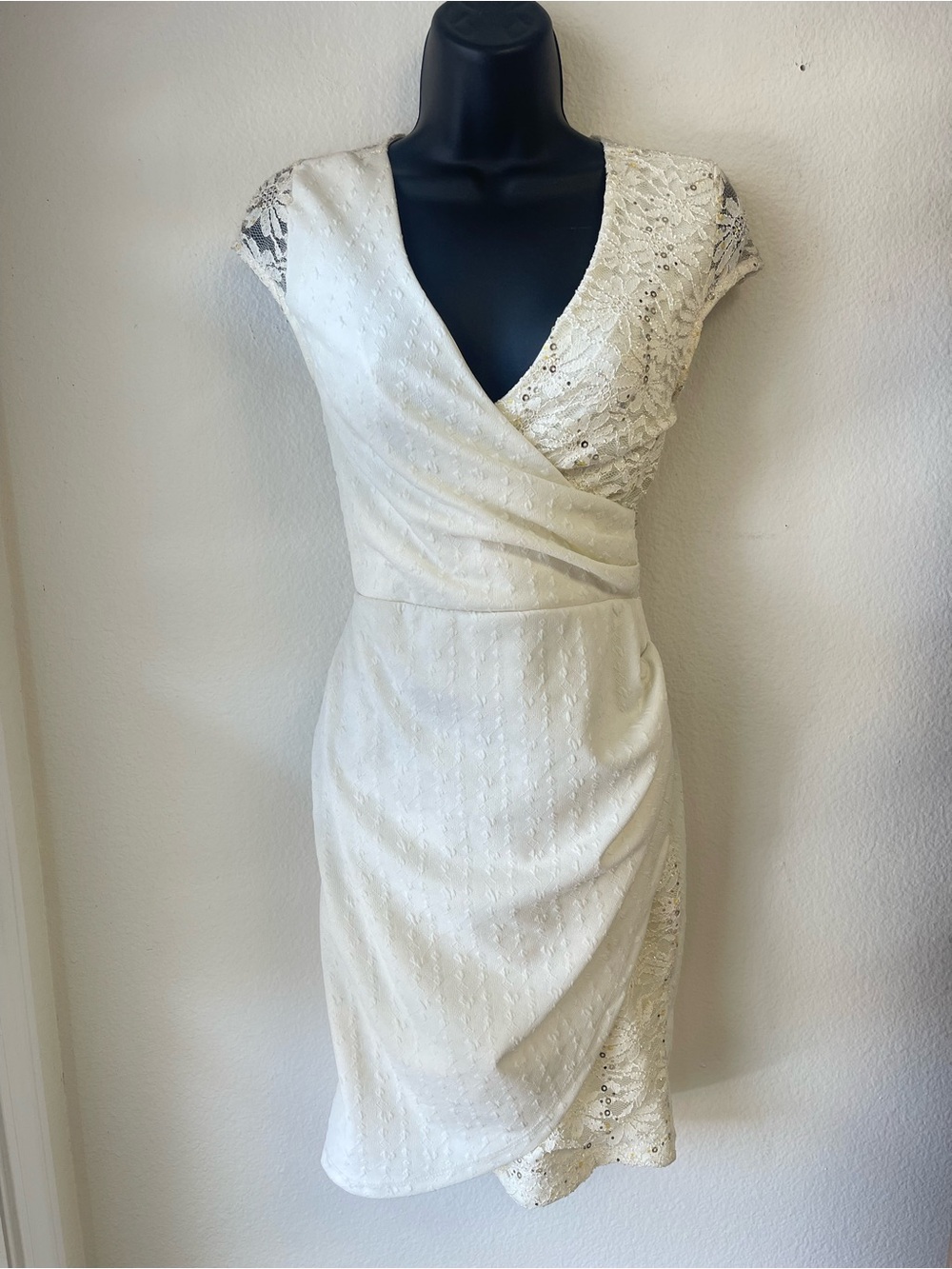 Cream Lace Wrap Midi Dress with Cap Sleeves